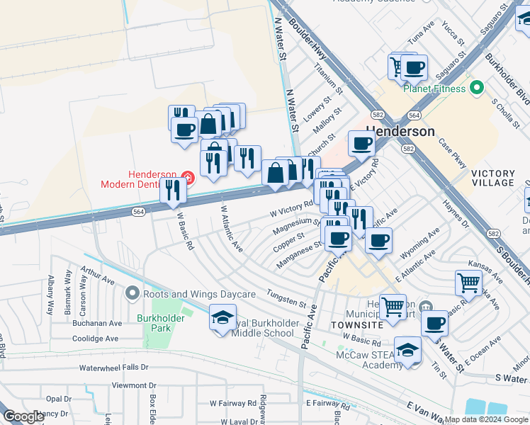 map of restaurants, bars, coffee shops, grocery stores, and more near 132 West Victory Road in Henderson