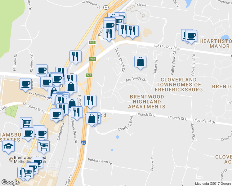 map of restaurants, bars, coffee shops, grocery stores, and more near 208 Glenstone Circle in Brentwood