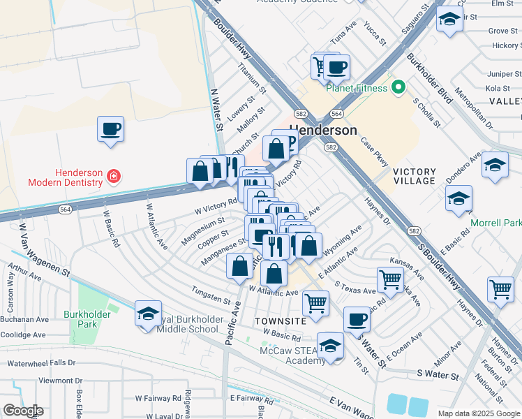 map of restaurants, bars, coffee shops, grocery stores, and more near 19 South Water Street in Henderson