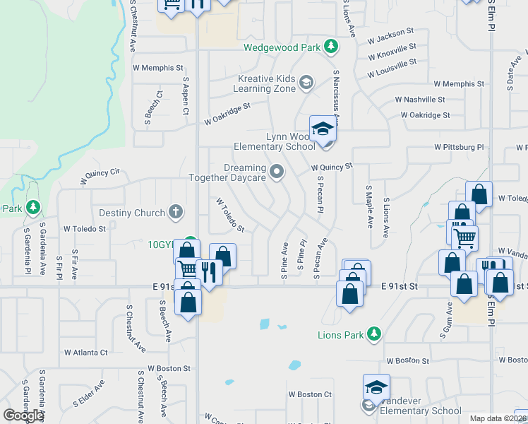 map of restaurants, bars, coffee shops, grocery stores, and more near 1666 South Redbud Avenue in Broken Arrow