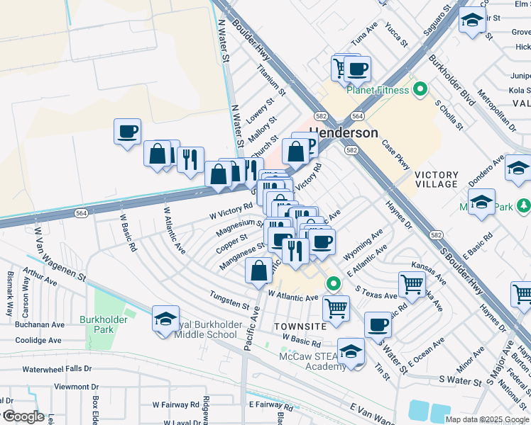 map of restaurants, bars, coffee shops, grocery stores, and more near 10 S Water St in Henderson