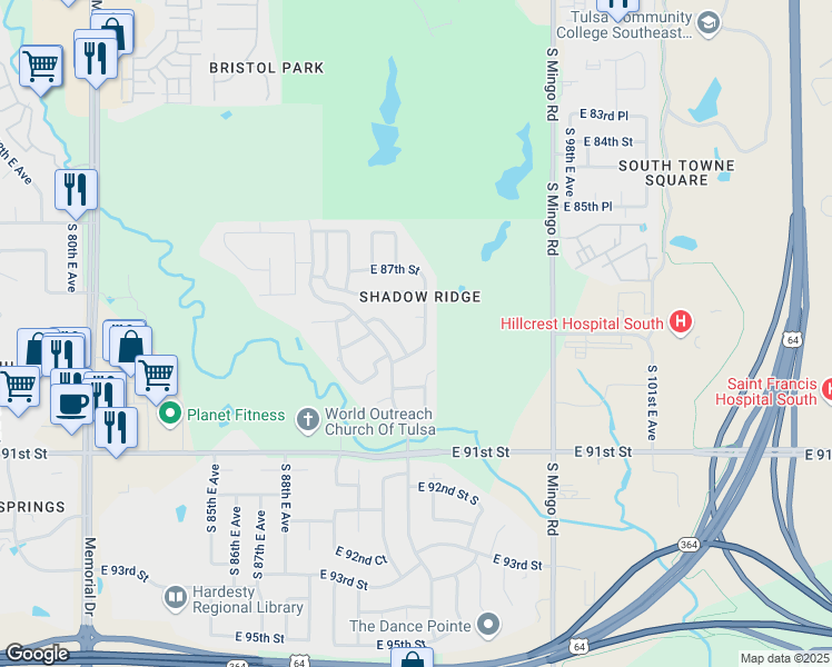 map of restaurants, bars, coffee shops, grocery stores, and more near in Tulsa
