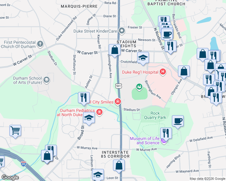 map of restaurants, bars, coffee shops, grocery stores, and more near 2712 North Duke Street in Durham