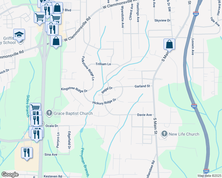 map of restaurants, bars, coffee shops, grocery stores, and more near 529 Regal Drive in Winston-Salem