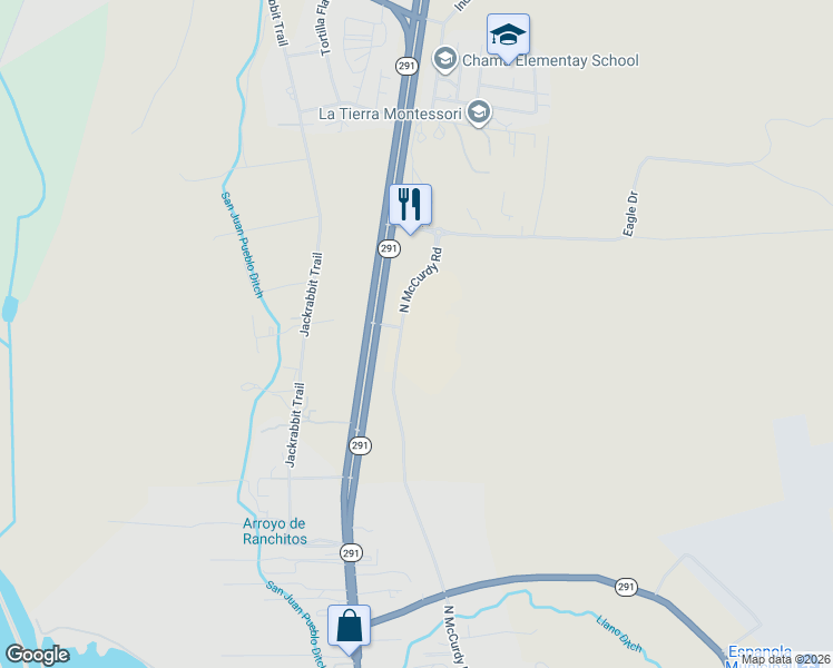 map of restaurants, bars, coffee shops, grocery stores, and more near 68 Highway 291 in Ohkay Owingeh
