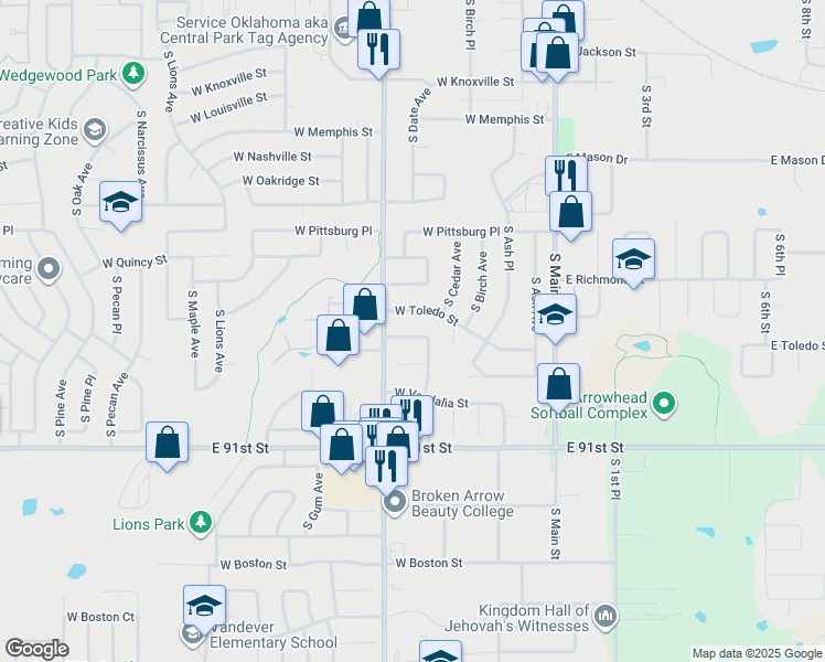 map of restaurants, bars, coffee shops, grocery stores, and more near 512 West Toledo Place in Broken Arrow