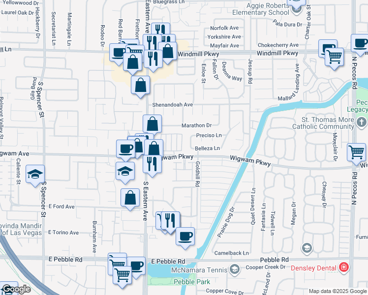 map of restaurants, bars, coffee shops, grocery stores, and more near 110 Ayesha Lane in Henderson