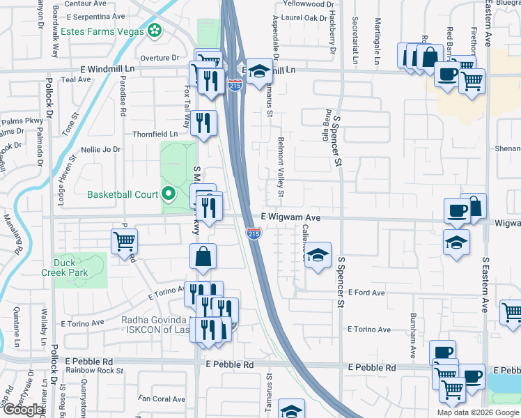 map of restaurants, bars, coffee shops, grocery stores, and more near 8453 Adams Valley Street in Las Vegas
