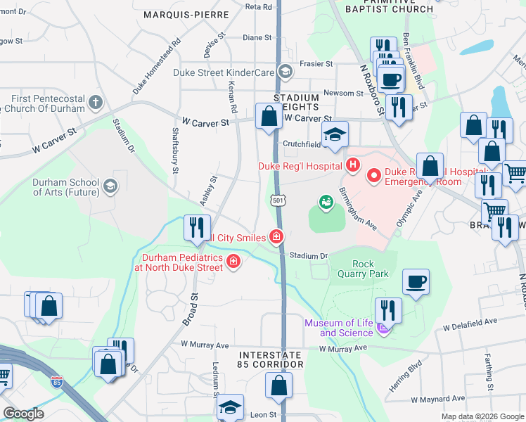 map of restaurants, bars, coffee shops, grocery stores, and more near 1817 Birmingham Avenue in Durham
