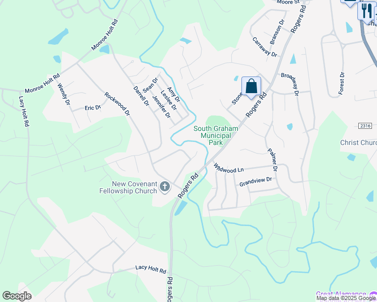 map of restaurants, bars, coffee shops, grocery stores, and more near 539 Woodland Drive in Graham