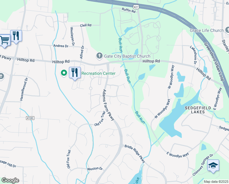 map of restaurants, bars, coffee shops, grocery stores, and more near 5311 Lange Trail in Greensboro