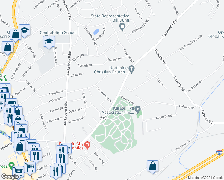 map of restaurants, bars, coffee shops, grocery stores, and more near 5116 Kesterwood Drive in Knoxville