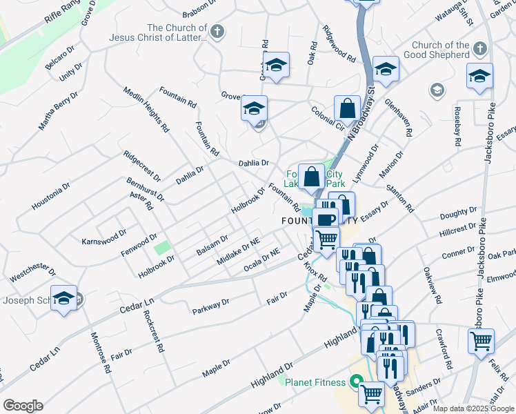 map of restaurants, bars, coffee shops, grocery stores, and more near 5531 Fountain Road in Knoxville