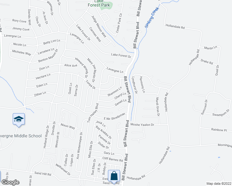 map of restaurants, bars, coffee shops, grocery stores, and more near 1225 Shannon Lane in La Vergne