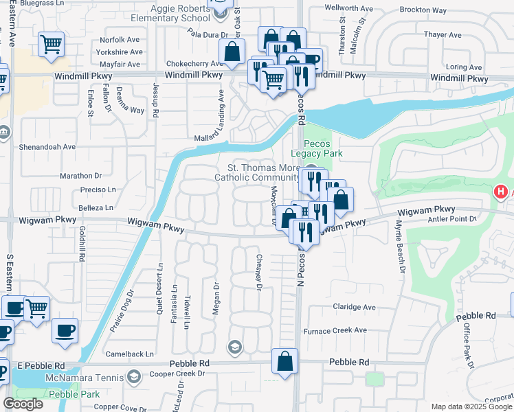 map of restaurants, bars, coffee shops, grocery stores, and more near 121 Hanover Drive in Henderson