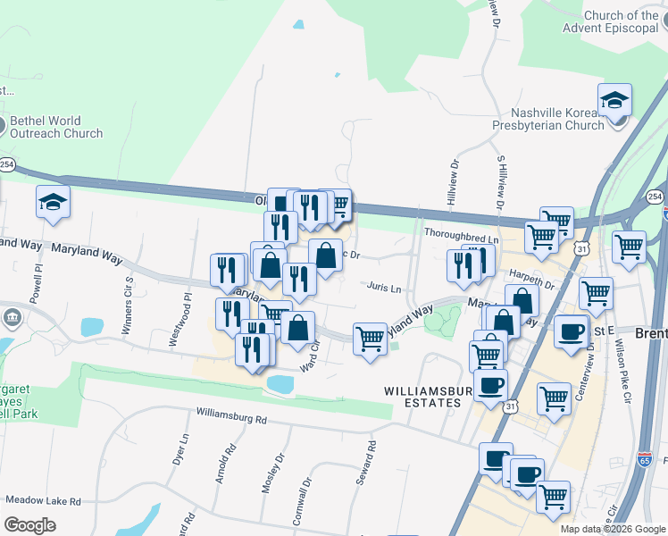 map of restaurants, bars, coffee shops, grocery stores, and more near 8 Cadillac Drive in Brentwood