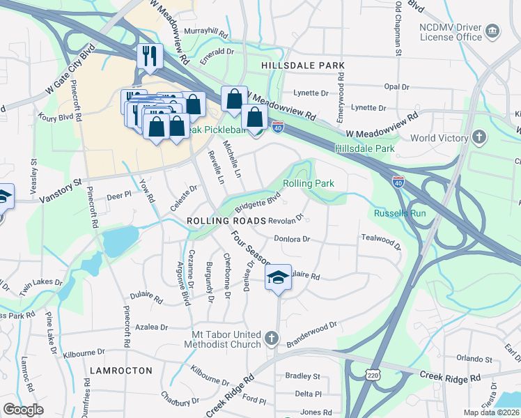 map of restaurants, bars, coffee shops, grocery stores, and more near 2315 Bridgette Boulevard in Greensboro