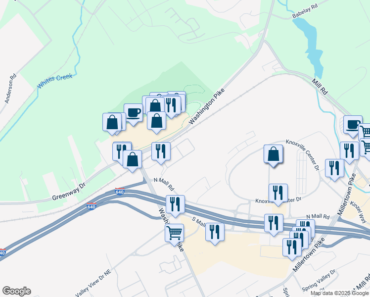 map of restaurants, bars, coffee shops, grocery stores, and more near 5312 Washington Pike in Knoxville