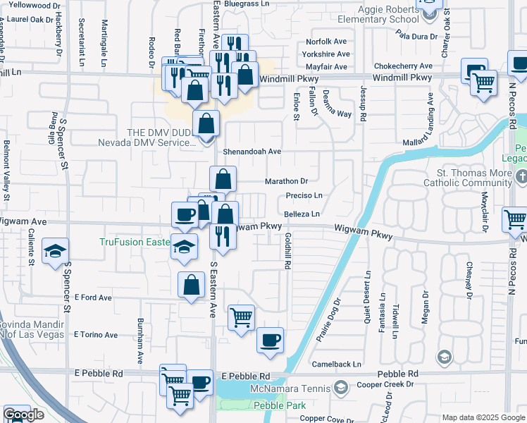 map of restaurants, bars, coffee shops, grocery stores, and more near 107 Boysenberry Lane in Henderson