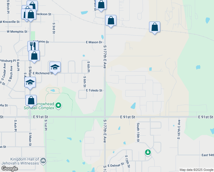 map of restaurants, bars, coffee shops, grocery stores, and more near 1009 East Richmond Street in Broken Arrow