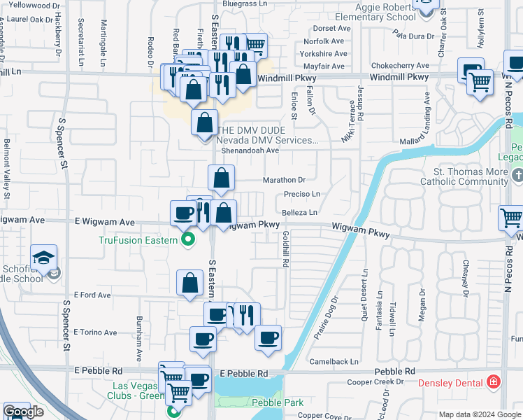 map of restaurants, bars, coffee shops, grocery stores, and more near 107 Boysenberry Lane in Henderson