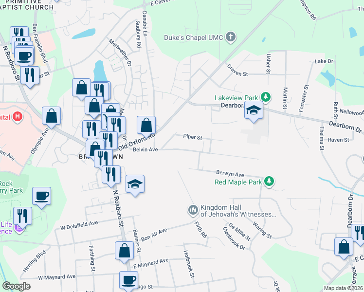 map of restaurants, bars, coffee shops, grocery stores, and more near 612 Piper Street in Durham
