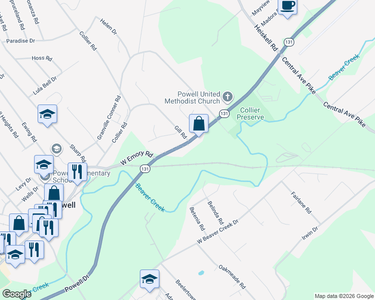 map of restaurants, bars, coffee shops, grocery stores, and more near 702 West Emory Road in Powell