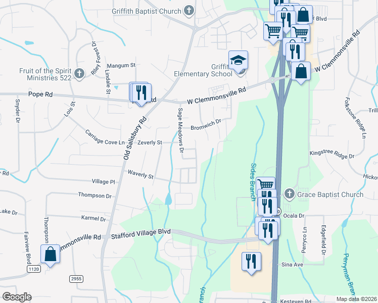 map of restaurants, bars, coffee shops, grocery stores, and more near 1151 Red Sage Road in Winston-Salem