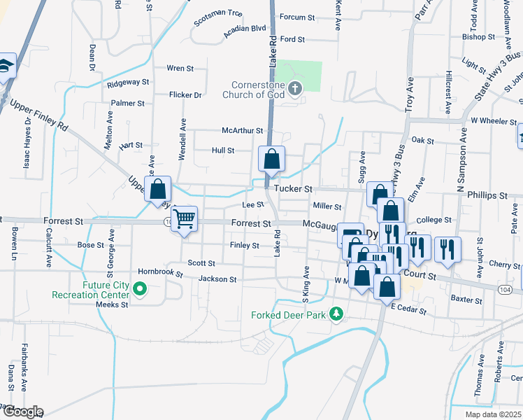 map of restaurants, bars, coffee shops, grocery stores, and more near 628 Lee Street in Dyersburg