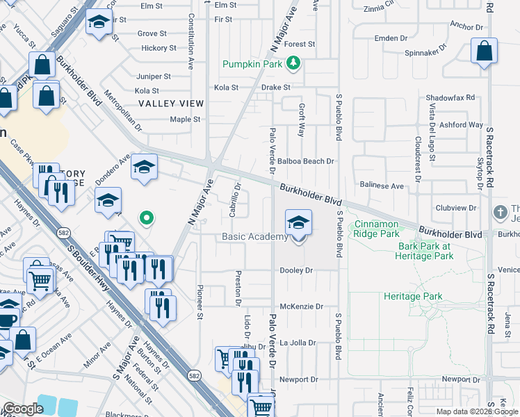 map of restaurants, bars, coffee shops, grocery stores, and more near 560 Brownlee Drive in Henderson