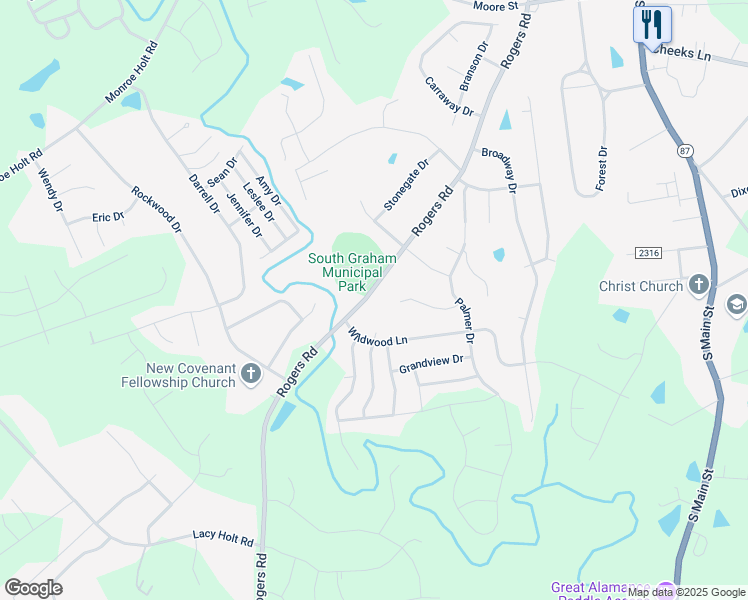 map of restaurants, bars, coffee shops, grocery stores, and more near 1610 Rogers Road in Graham