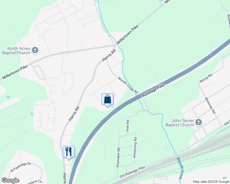 map of restaurants, bars, coffee shops, grocery stores, and more near 2138 Brownstone Way in Knoxville