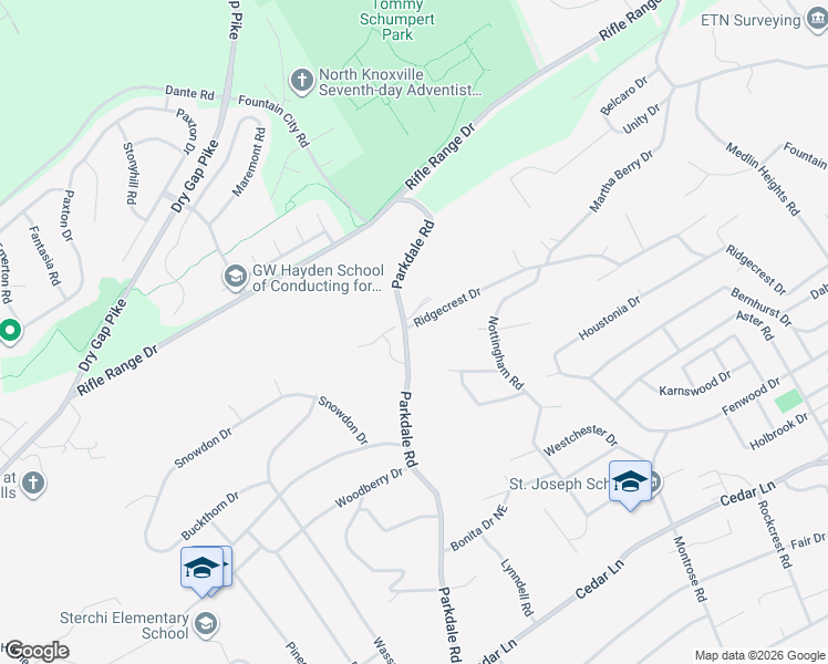 map of restaurants, bars, coffee shops, grocery stores, and more near 1600 Ridgecrest Drive in Knoxville