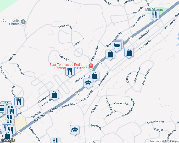 map of restaurants, bars, coffee shops, grocery stores, and more near 91 California Avenue in Oak Ridge