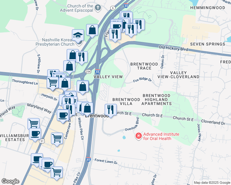 map of restaurants, bars, coffee shops, grocery stores, and more near 101 Villa View Court in Brentwood