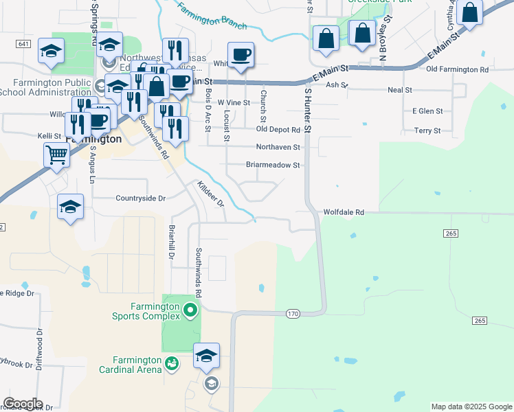 map of restaurants, bars, coffee shops, grocery stores, and more near 57 Dakota Trail in Farmington