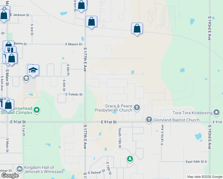 map of restaurants, bars, coffee shops, grocery stores, and more near 1712 South 12th Street in Broken Arrow