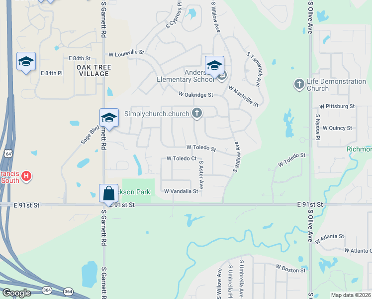 map of restaurants, bars, coffee shops, grocery stores, and more near 1810 South Aster Court in Broken Arrow