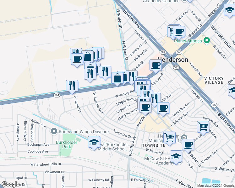 map of restaurants, bars, coffee shops, grocery stores, and more near 116 West Victory Road in Henderson