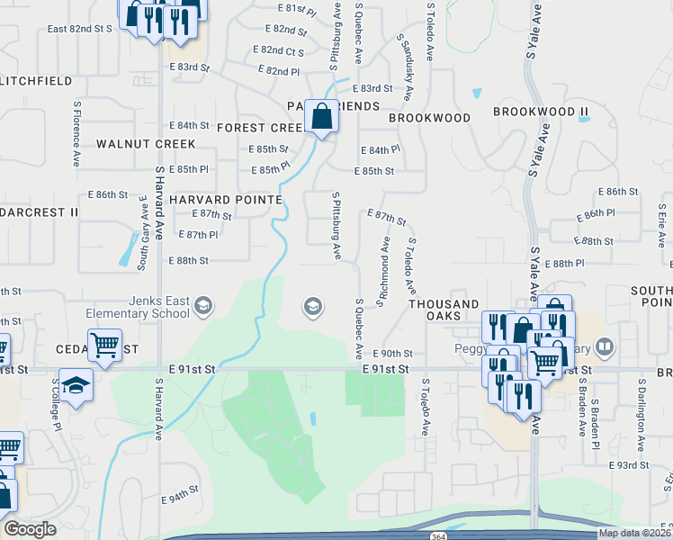 map of restaurants, bars, coffee shops, grocery stores, and more near 4106 East 88th Street in Tulsa