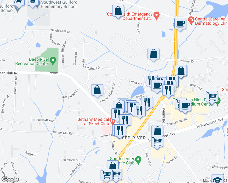 map of restaurants, bars, coffee shops, grocery stores, and more near 3948 Fountain Grove Drive in High Point
