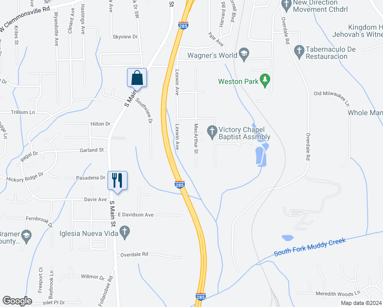 map of restaurants, bars, coffee shops, grocery stores, and more near 4144 MacArthur Street in Winston-Salem