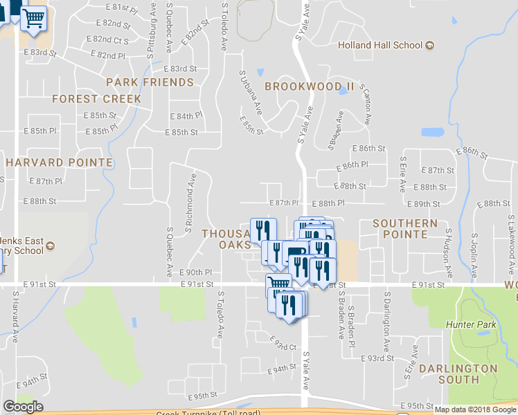 map of restaurants, bars, coffee shops, grocery stores, and more near 4634 East 87th Place in Tulsa