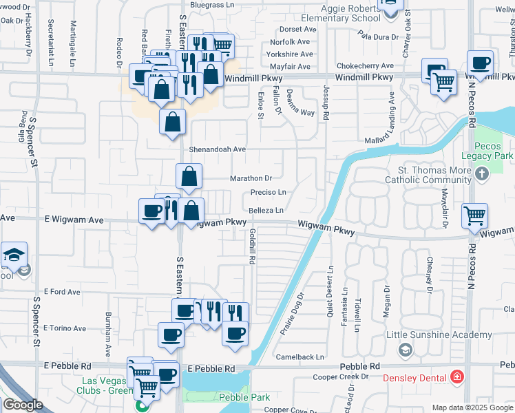 map of restaurants, bars, coffee shops, grocery stores, and more near 2846 Belleza Lane in Henderson