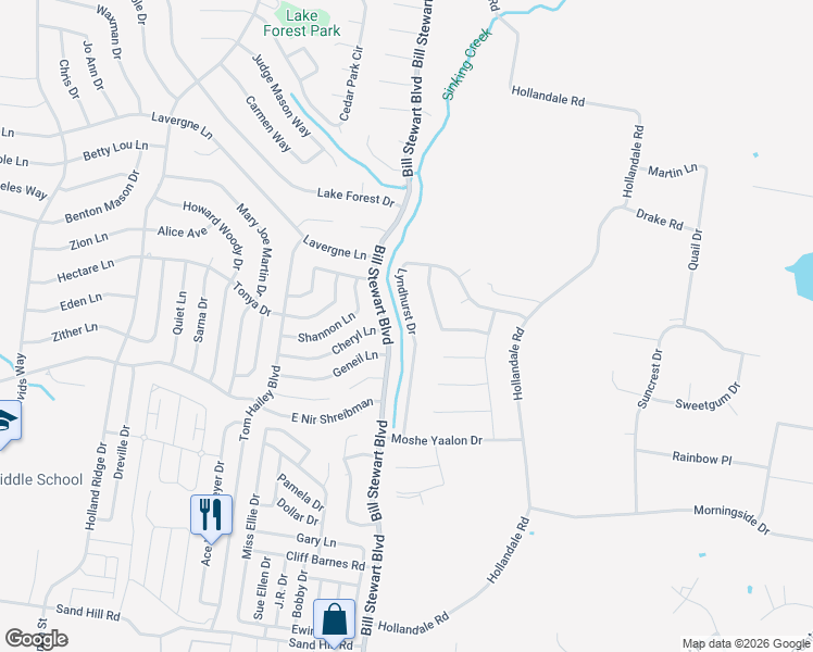 map of restaurants, bars, coffee shops, grocery stores, and more near 133 Lyndhurst Drive in La Vergne