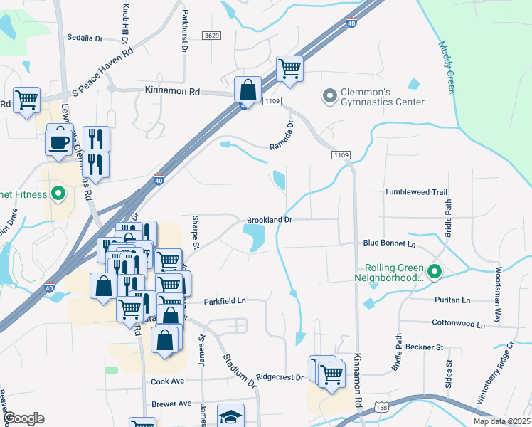map of restaurants, bars, coffee shops, grocery stores, and more near 3310 Brookland Drive in Clemmons
