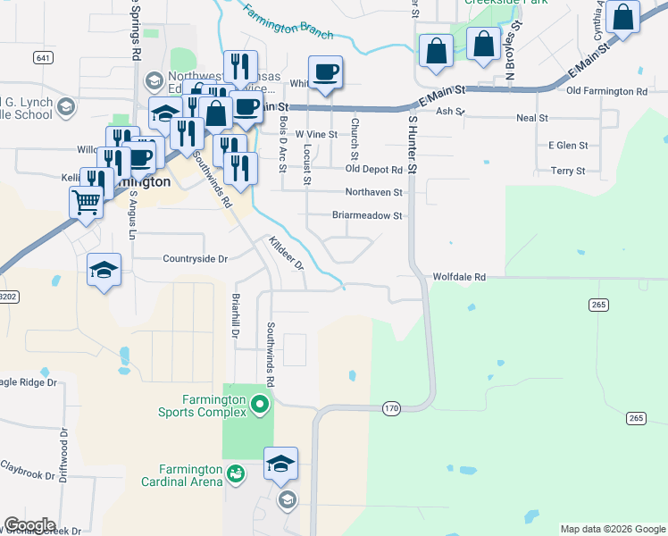 map of restaurants, bars, coffee shops, grocery stores, and more near in Farmington