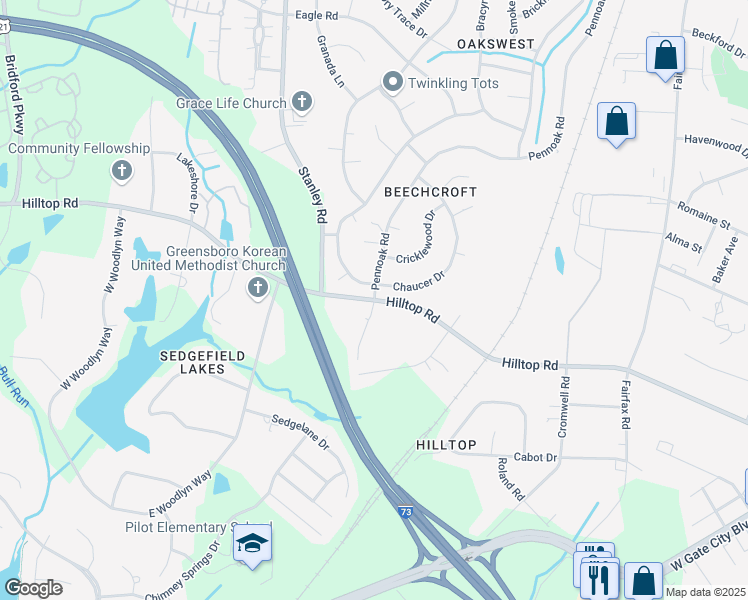 map of restaurants, bars, coffee shops, grocery stores, and more near 5199 Pennoak Road in Greensboro