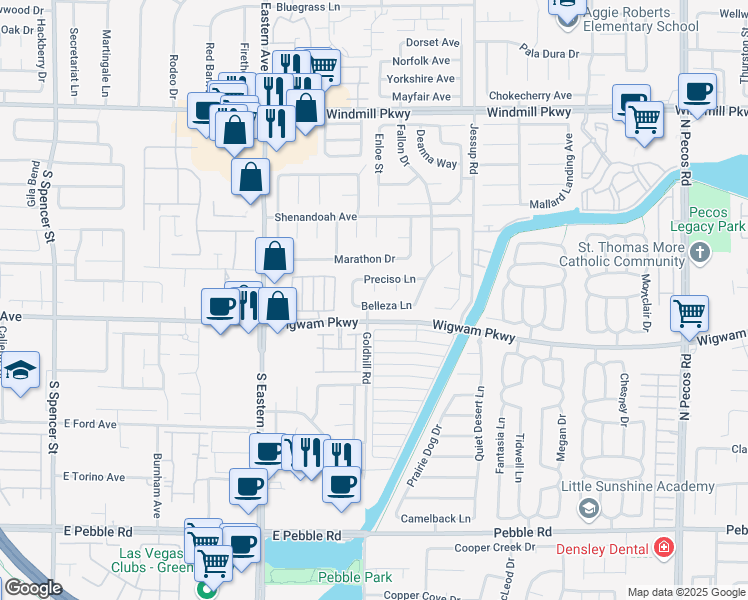 map of restaurants, bars, coffee shops, grocery stores, and more near 2846 Belleza Lane in Henderson