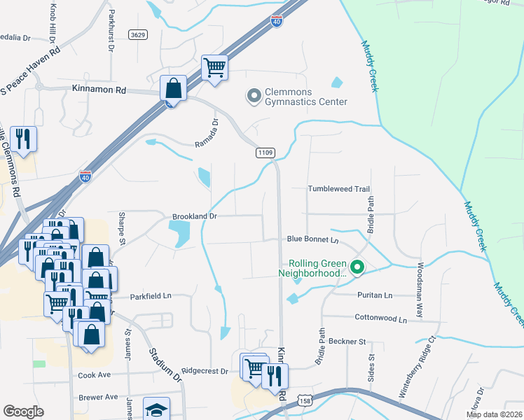 map of restaurants, bars, coffee shops, grocery stores, and more near 4655 Elk Valley Court in Winston-Salem